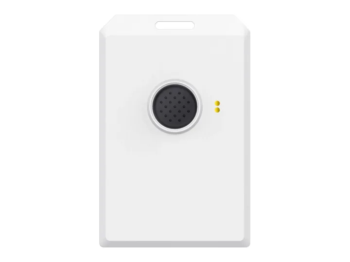 OneIoT Badge, a white worker badge with an SOS button.