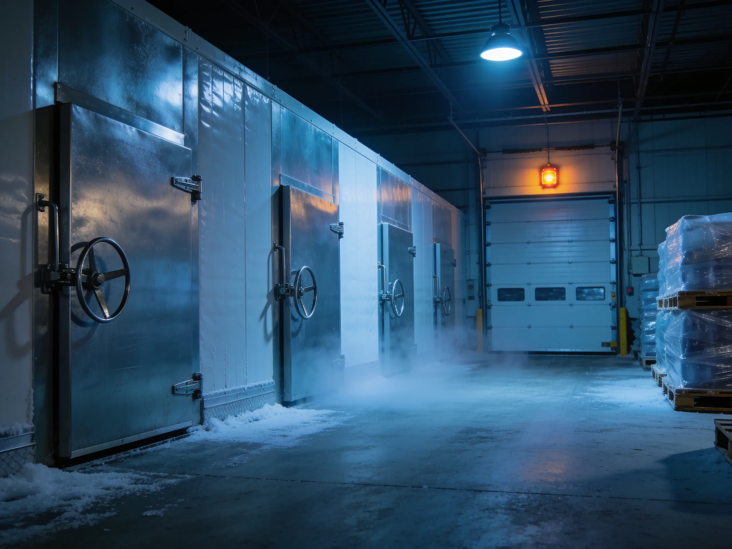 Freezer doors along a cold-store corridor at night, an amber warning light over the loading door.