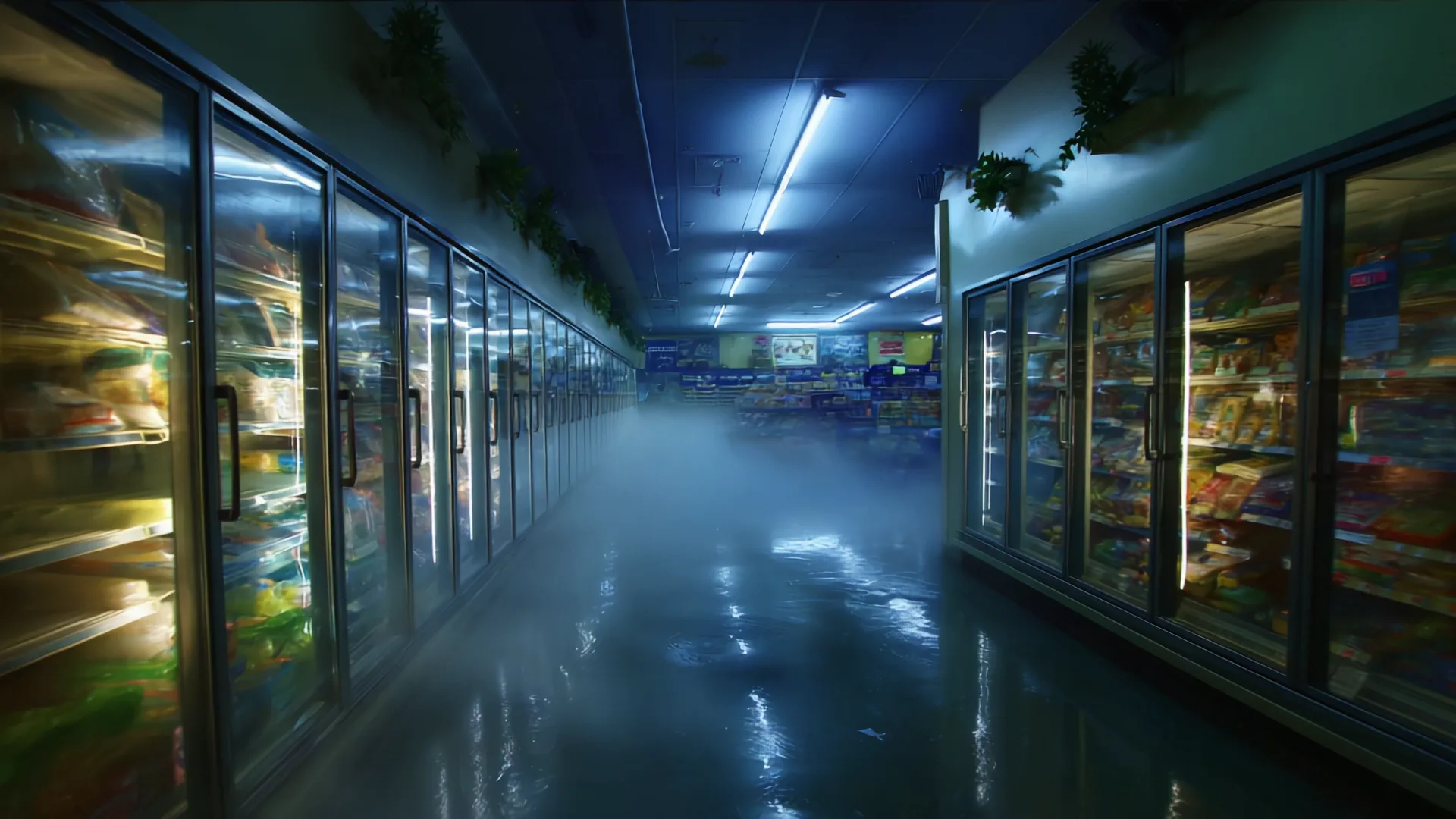 A freezer aisle at night, lit glass doors on both sides and cold mist over the floor.