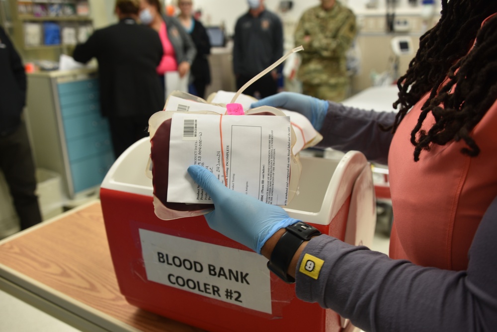 A medical laboratory scientist handling a blood product beside a blood-bank cooler.