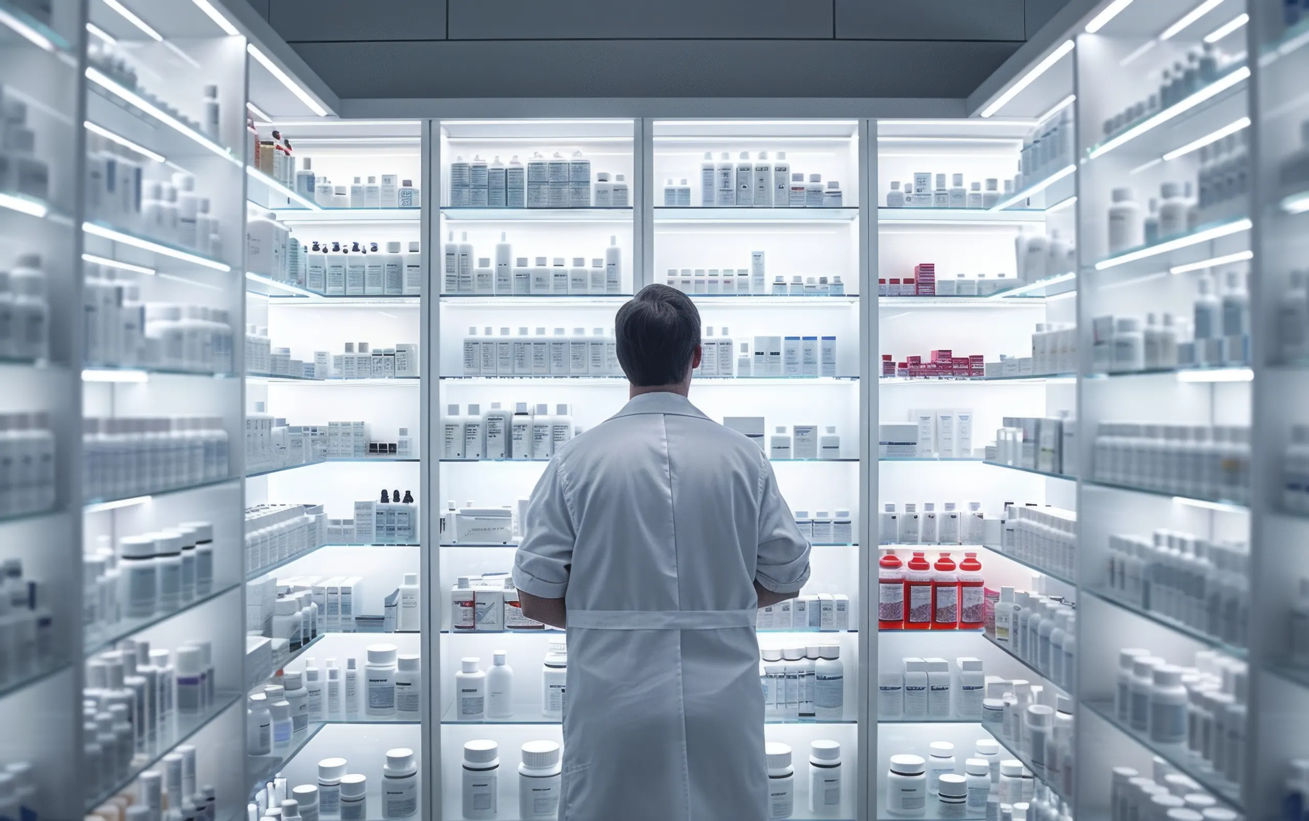 A pharmacist in a white coat facing lit glass shelves of medicines.