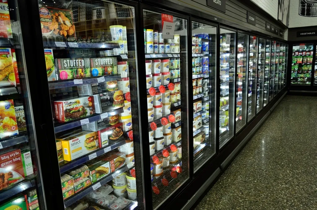 A supermarket aisle lined with glass-door freezers.