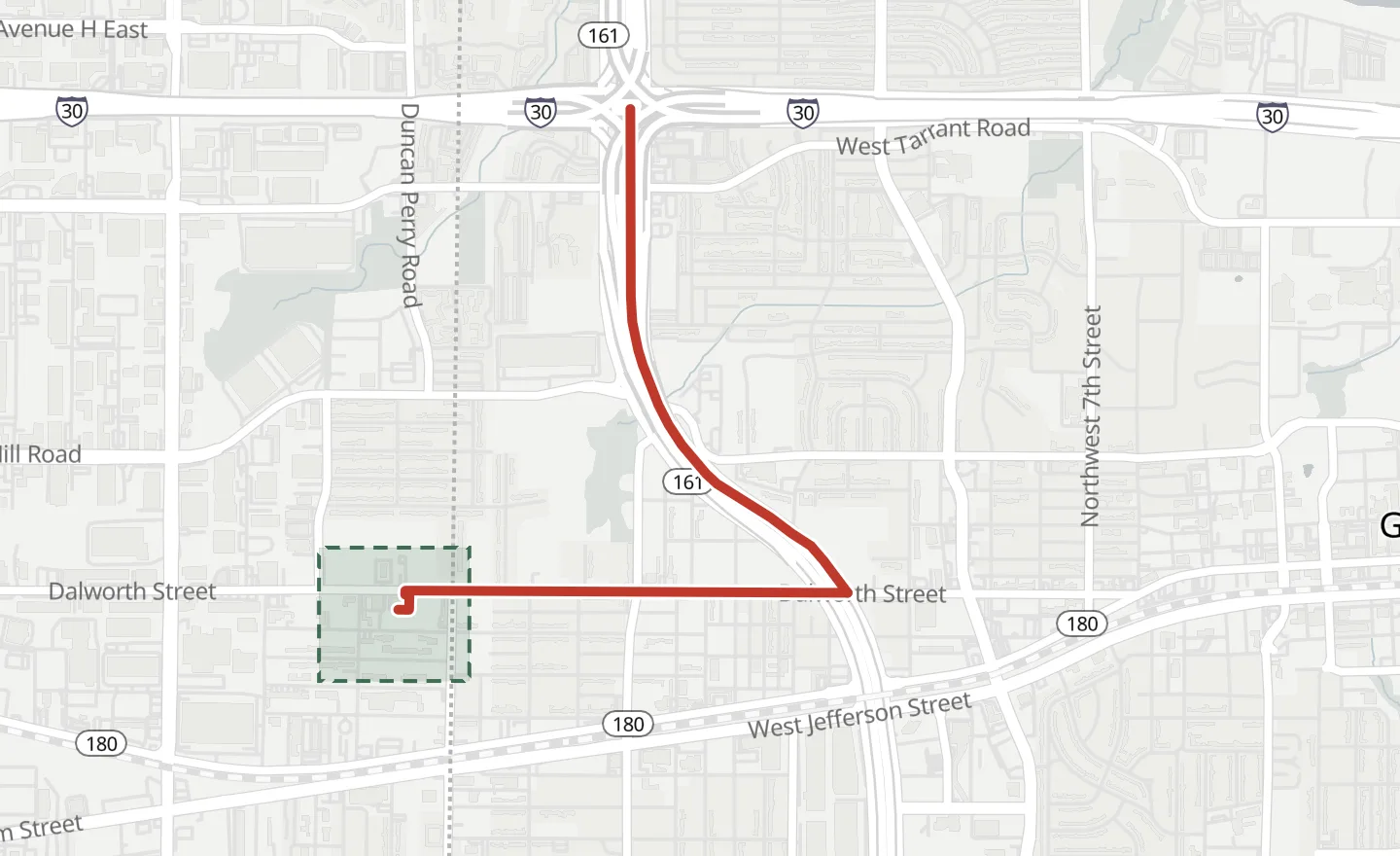 Street map of the equipment yard on Dalworth Street in Grand Prairie, Texas, beside Highway 161.