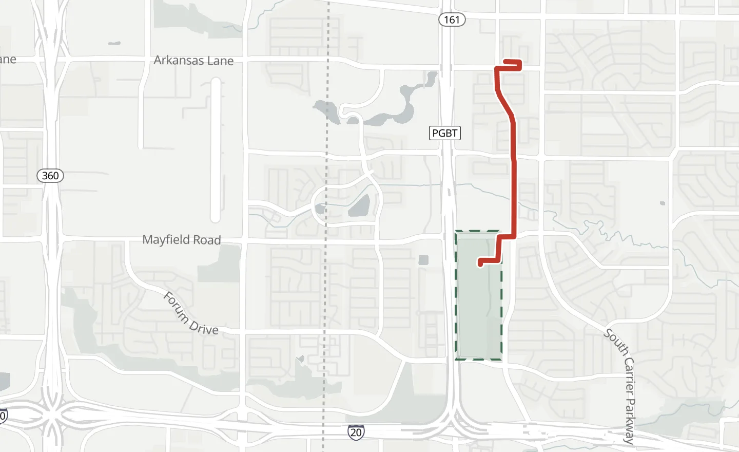 Street map of Site 14 beside State Highway 161 in Grand Prairie, Texas.