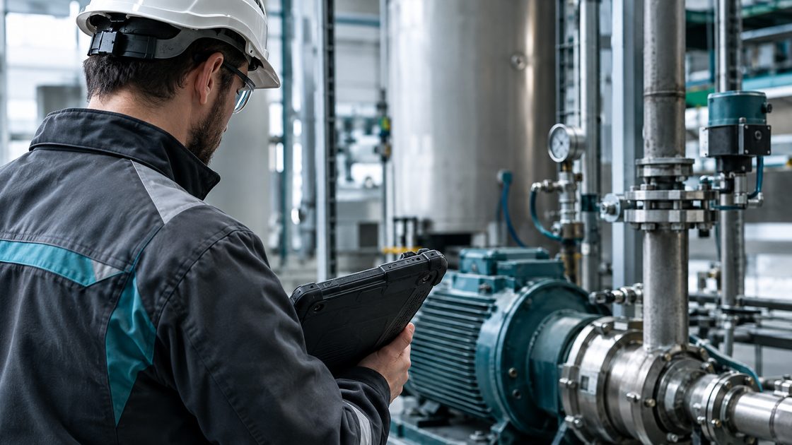 An engineer with a tablet beside a pump on a plant floor.