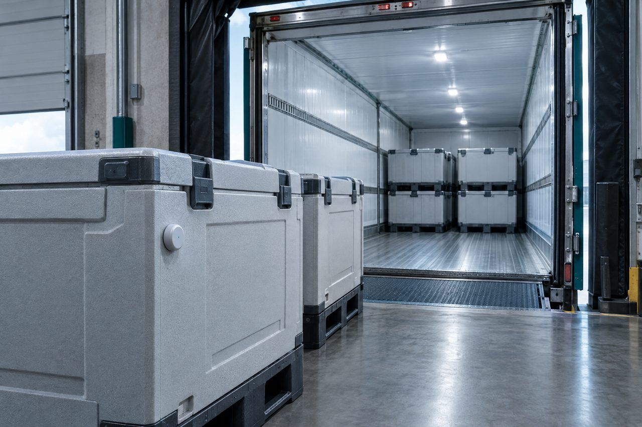 A refrigerated trailer backed onto a loading bay, bins loaded inside.