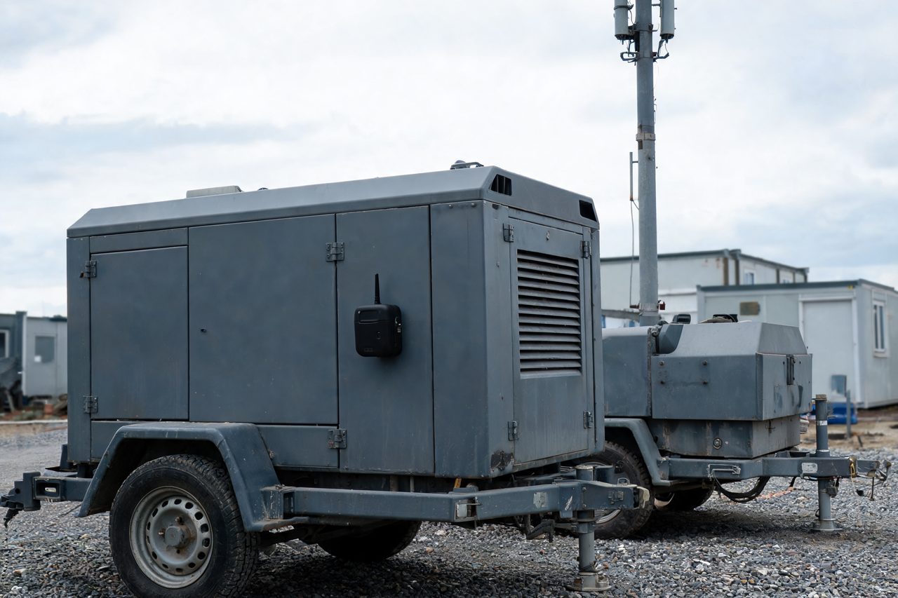 A towable generator parked on a gravel site.