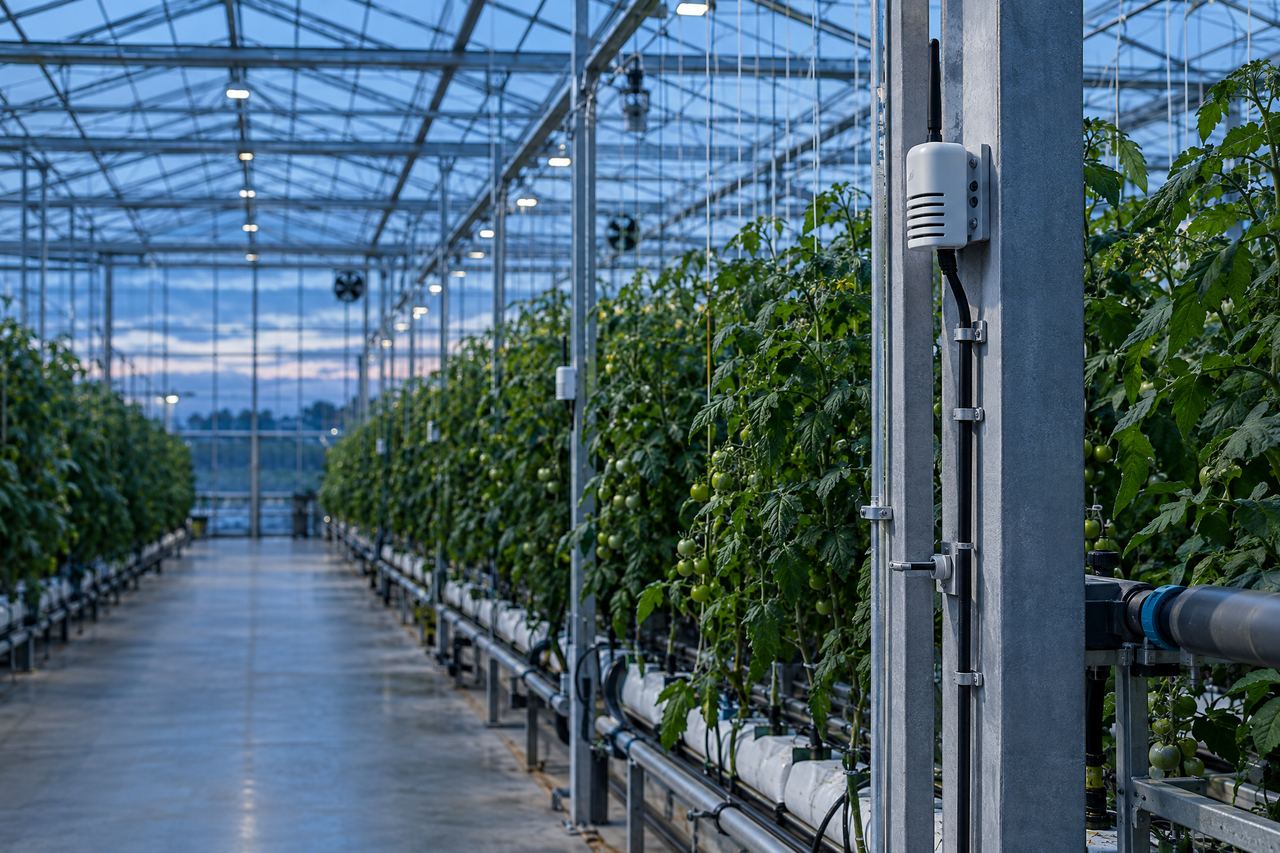 Rows of plants in a controlled greenhouse.