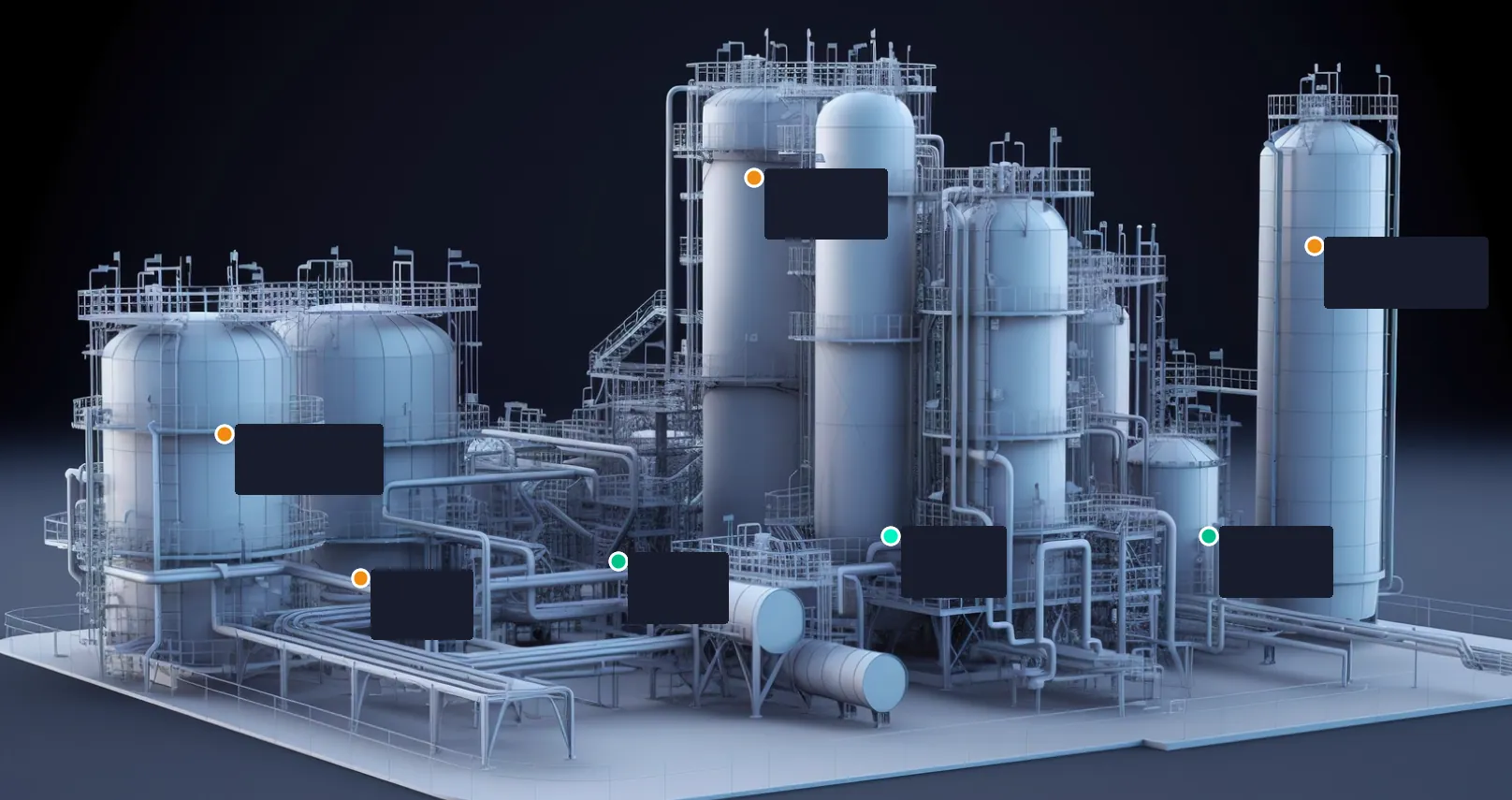A 3D model of a process plant (tanks, columns and pipework) with live readings pinned to its parts; the process unit is above its limit.